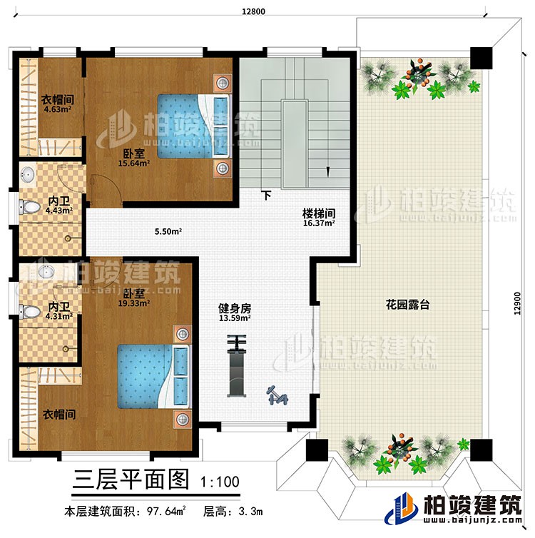 三层：健身房、楼梯间、2卧室、2衣帽间、2内卫、花园露台